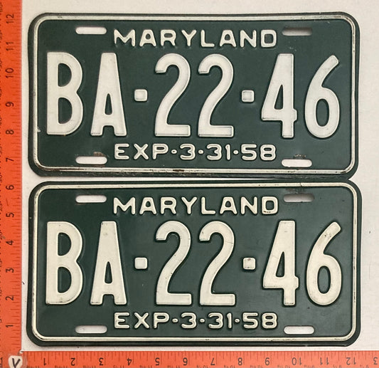 1958 Maryland #BA-22-46 Passenger License Plate PAIR