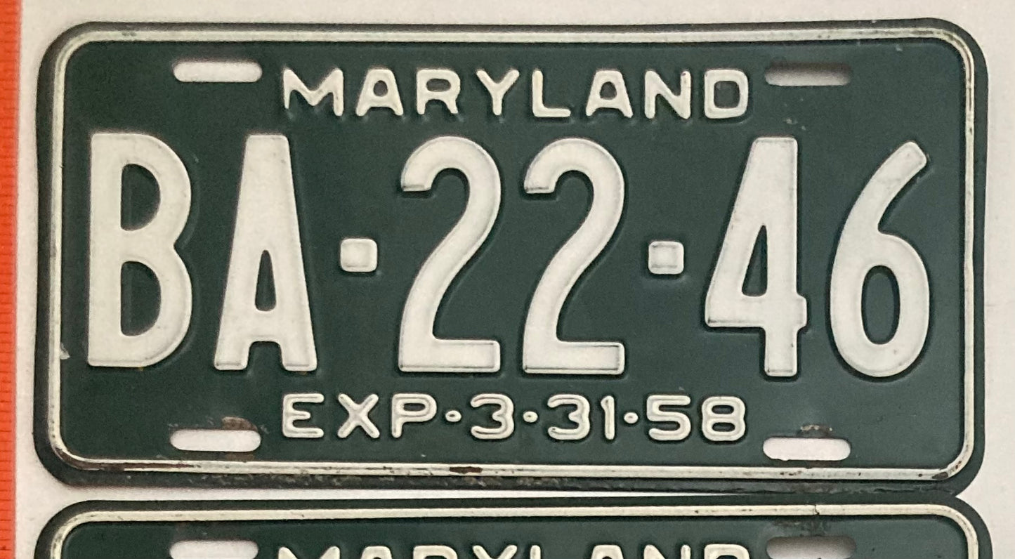 1958 Maryland #BA-22-46 Passenger License Plate PAIR