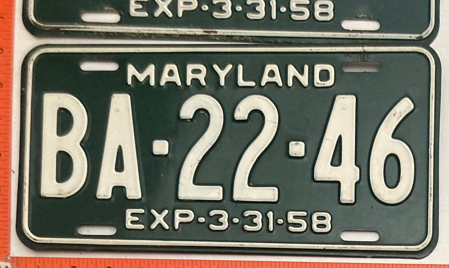 1958 Maryland #BA-22-46 Passenger License Plate PAIR