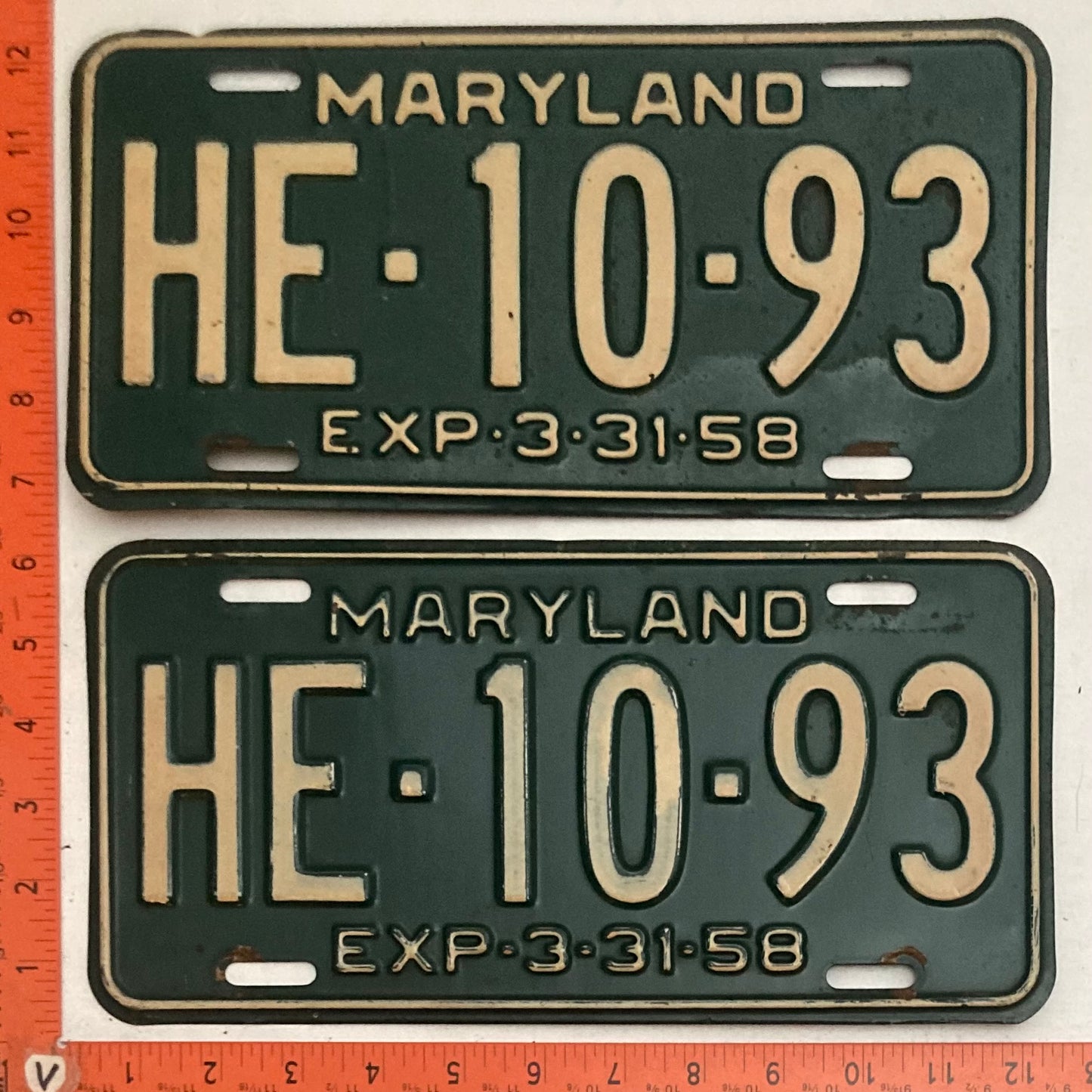 1958 Maryland #HE-10-93 Passenger License Plate PAIR