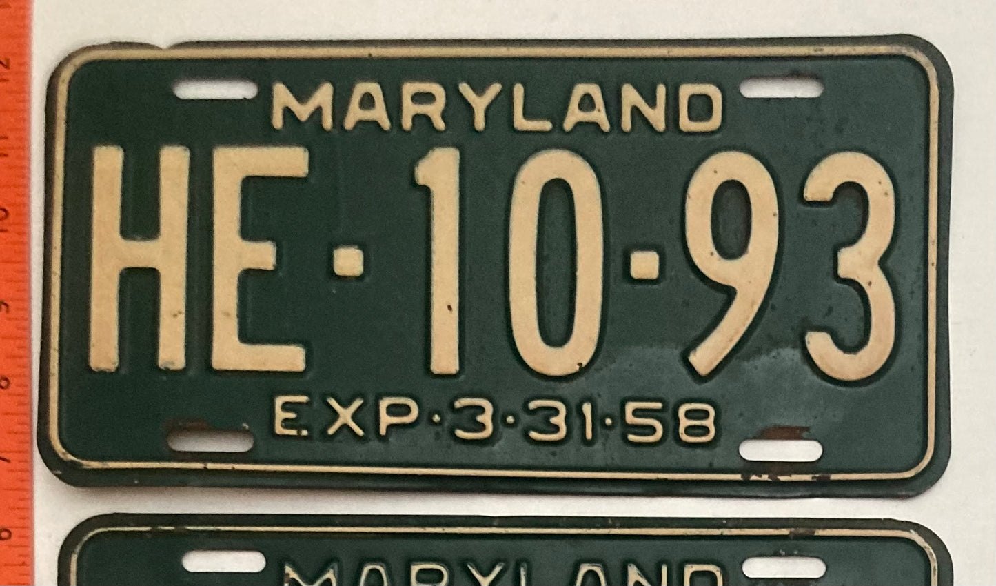 1958 Maryland #HE-10-93 Passenger License Plate PAIR