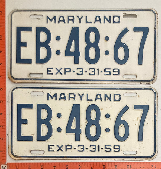1959 Maryland #EB:48:67 Passenger License Plate PAIR