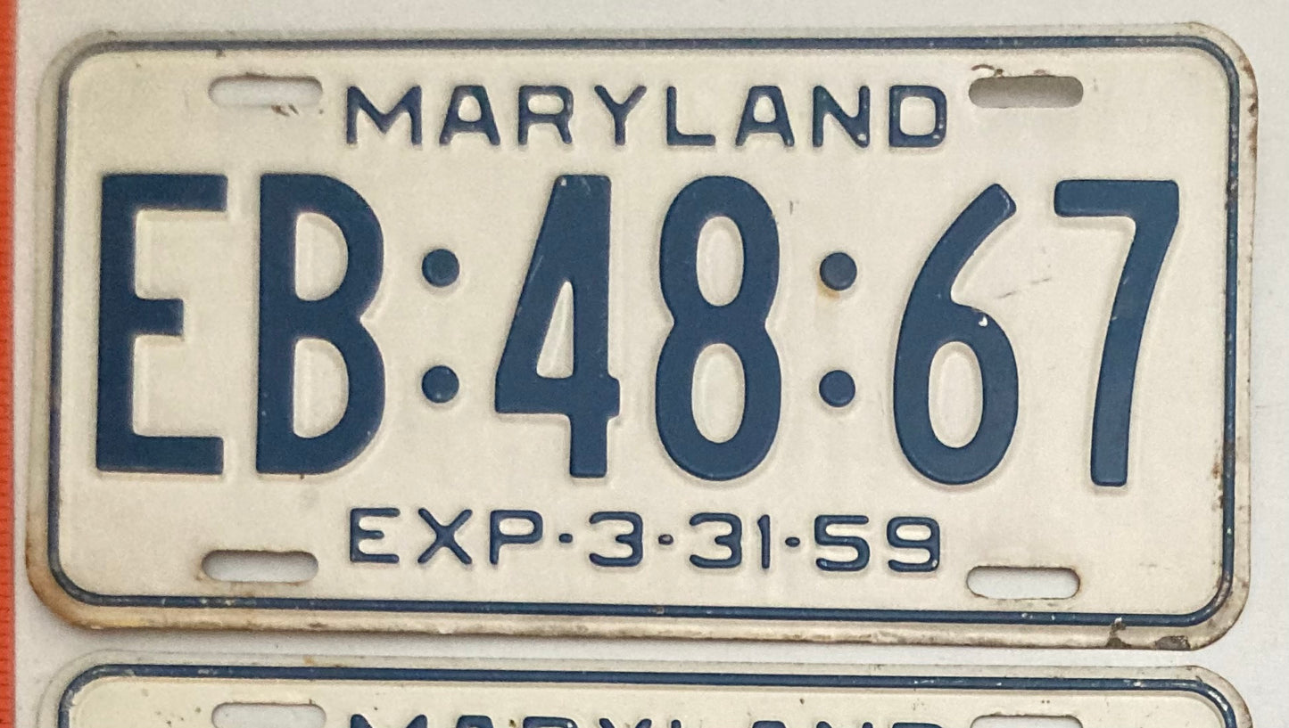 1959 Maryland #EB:48:67 Passenger License Plate PAIR