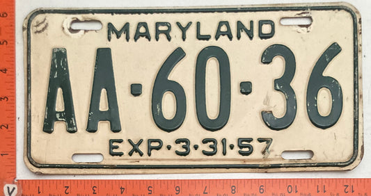1957 Maryland #AA-60-36 Passenger License Plate