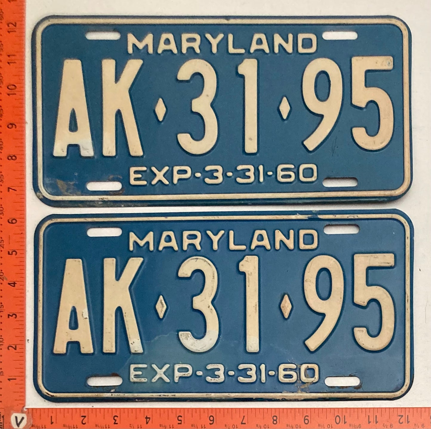1960 Maryland #AK-31-95 Passenger License Plate PAIR