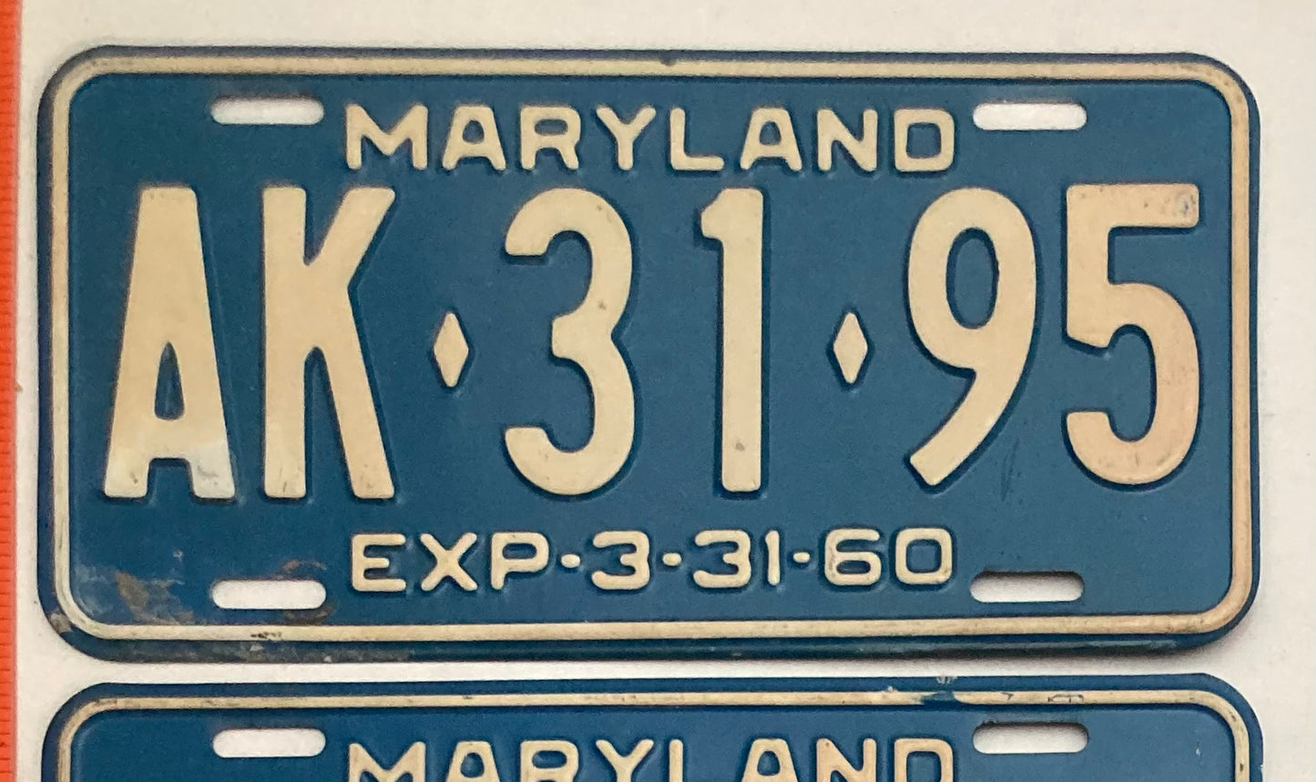 1960 Maryland #AK-31-95 Passenger License Plate PAIR