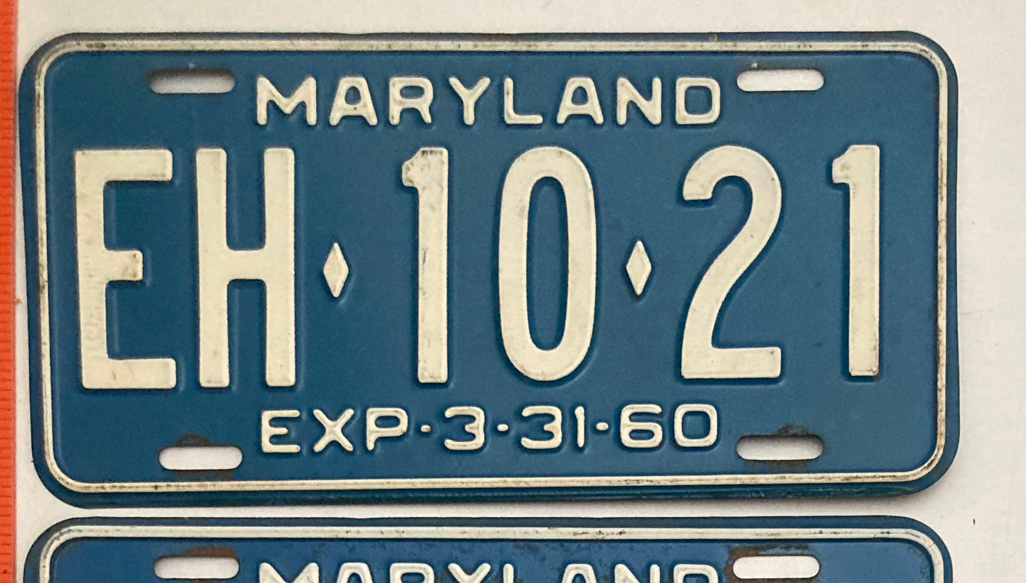1960 Maryland #EH-10-21 Passenger License Plate PAIR