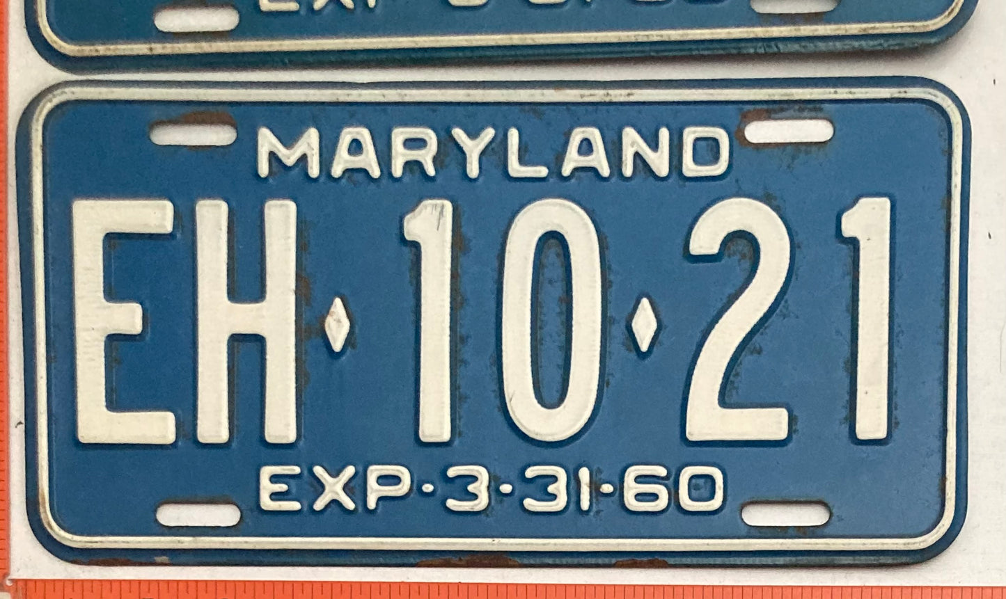 1960 Maryland #EH-10-21 Passenger License Plate PAIR