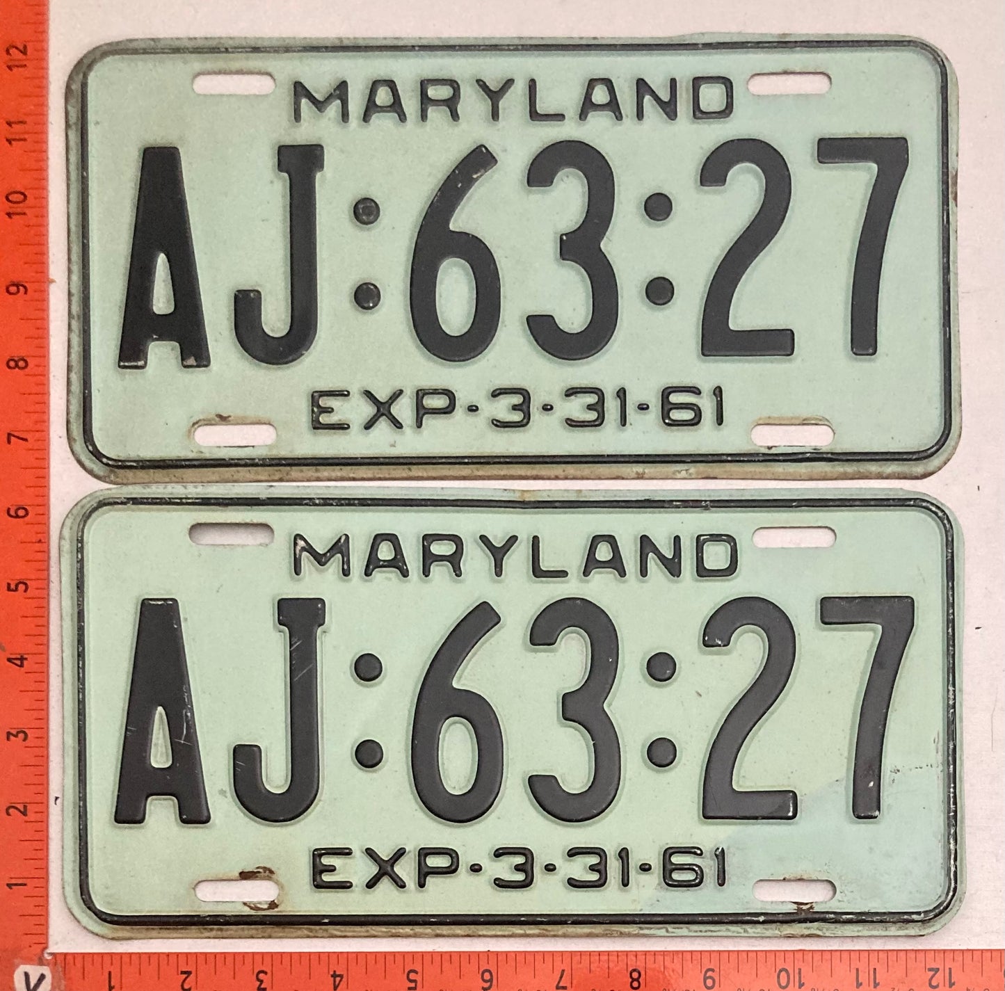 1961 Maryland #AJ:63:27 Passenger License Plate PAIR