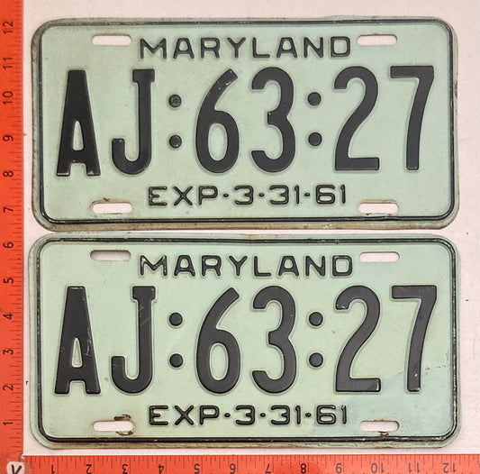 1961 Maryland #AJ:63:27 Passenger License Plate PAIR