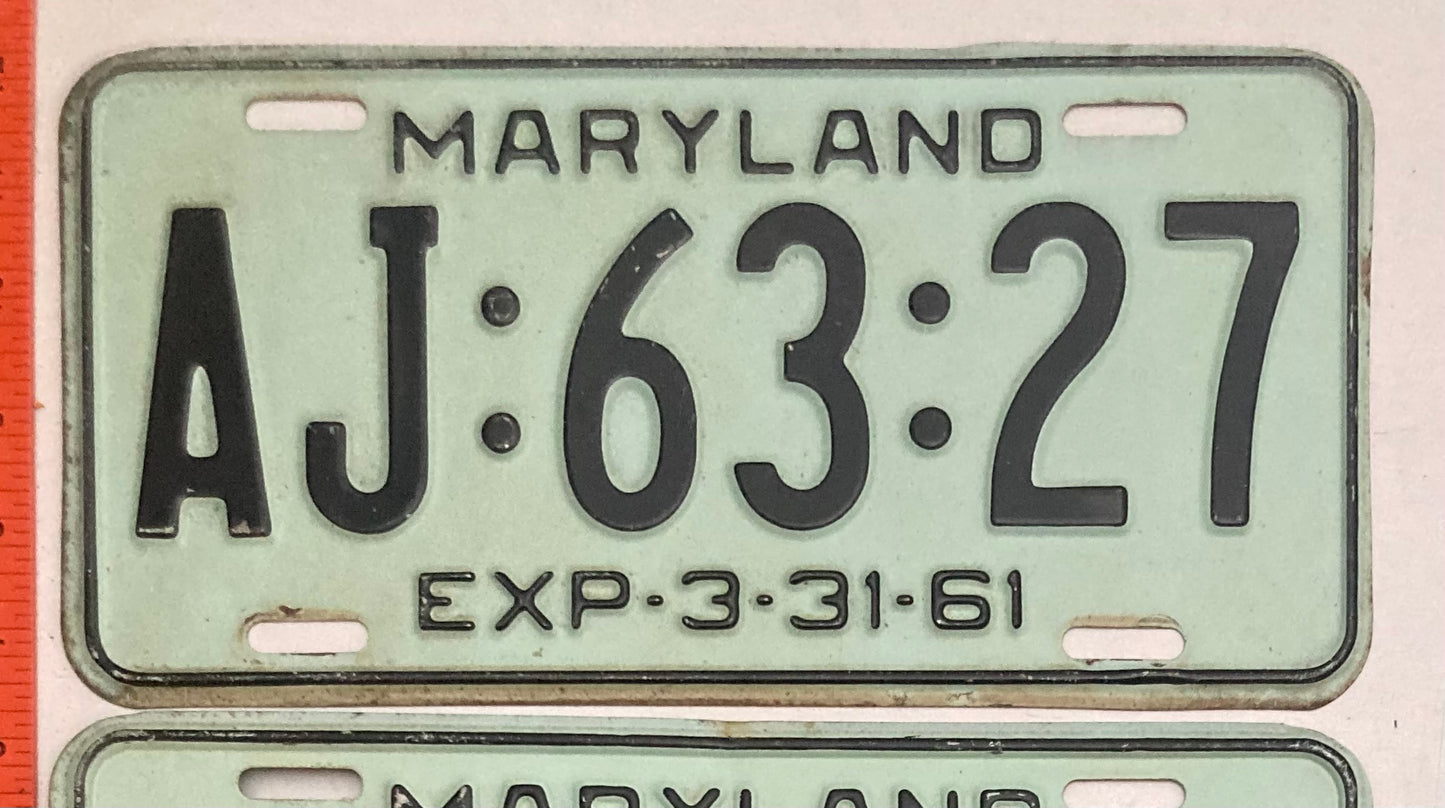 1961 Maryland #AJ:63:27 Passenger License Plate PAIR