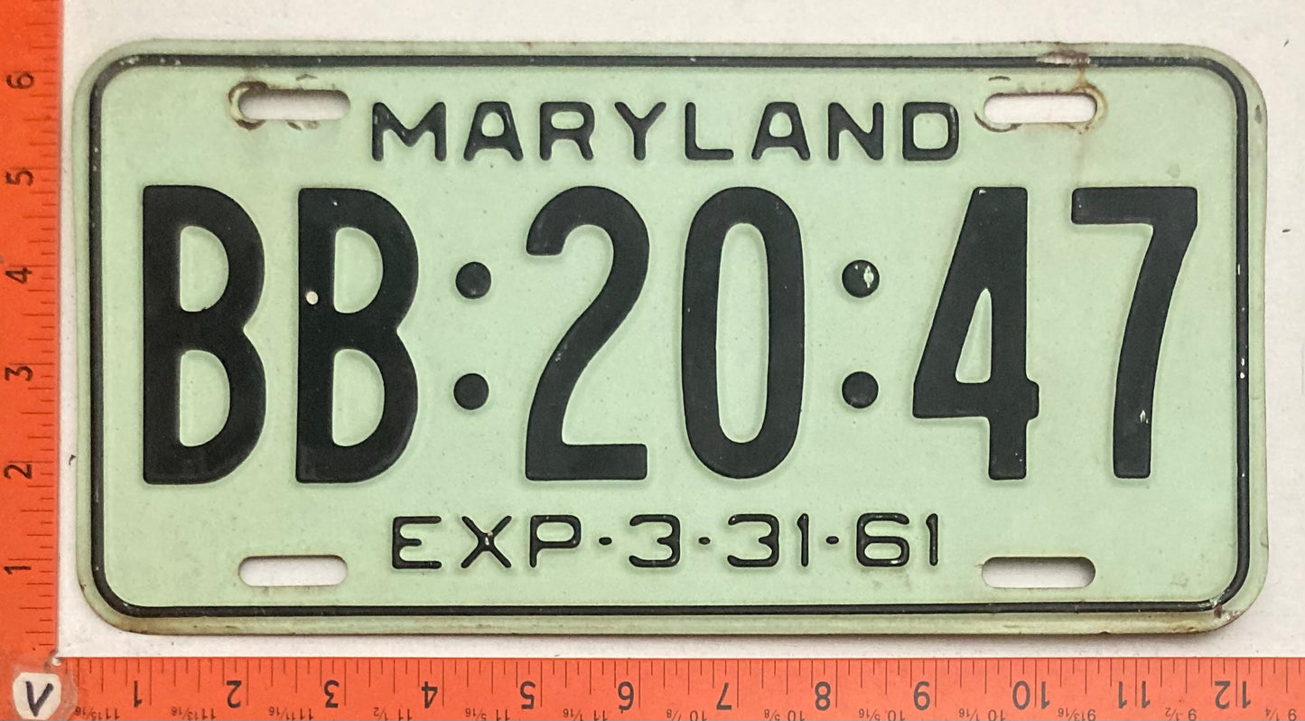 1961 Maryland #BB:20:47 Passenger License Plate