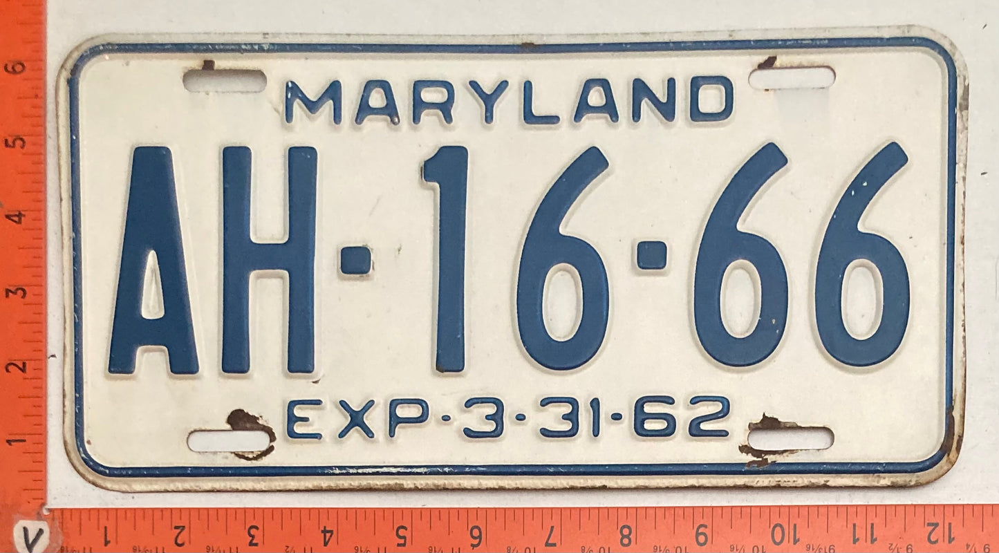1962 Maryland #AH-16-66 Passenger License Plate