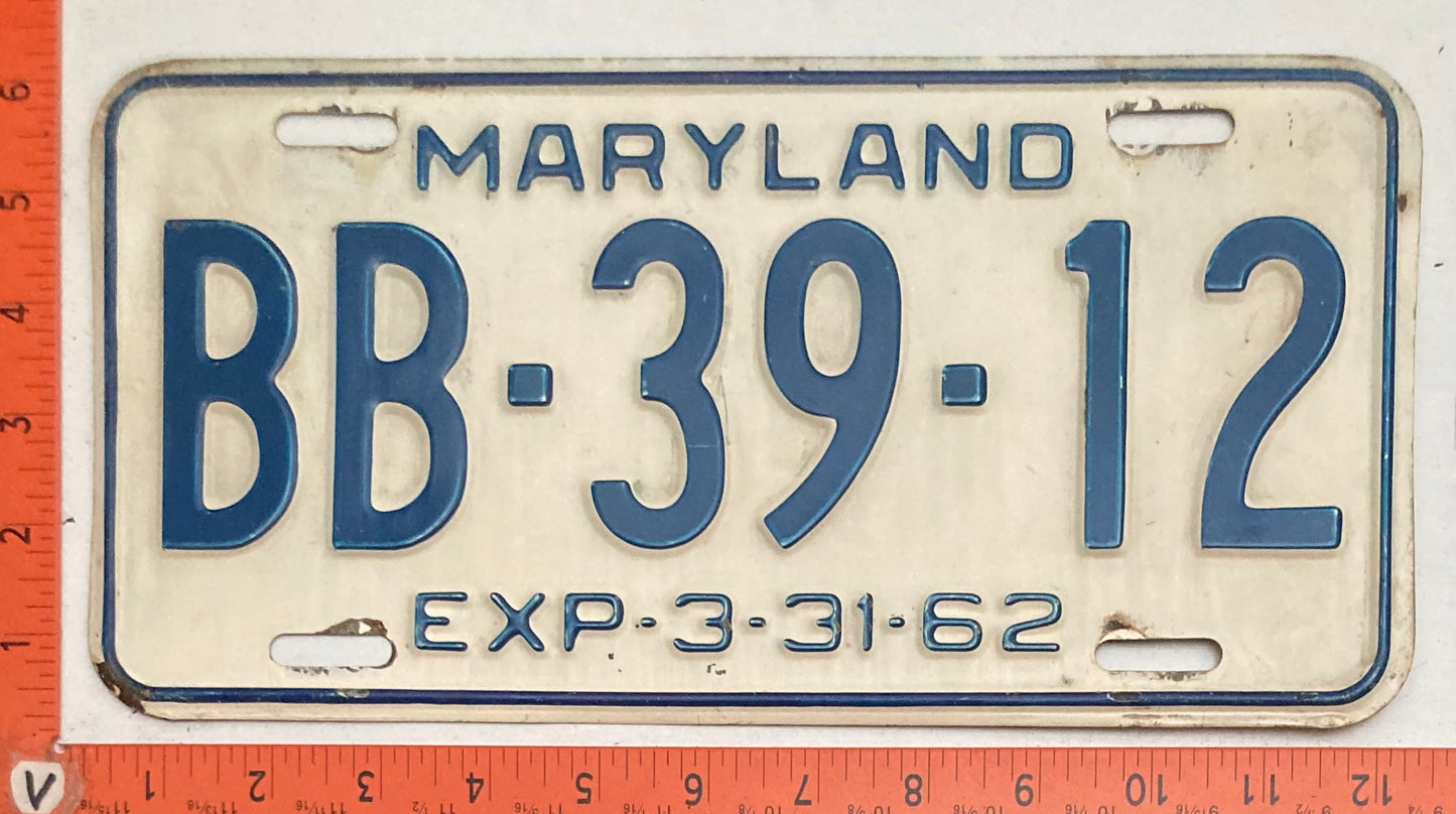 1962 Maryland #BB-39-12 Passenger License Plate