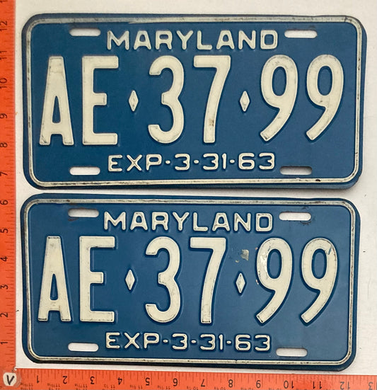 1963 Maryland #AE-37-99 Passenger License Plate PAIR