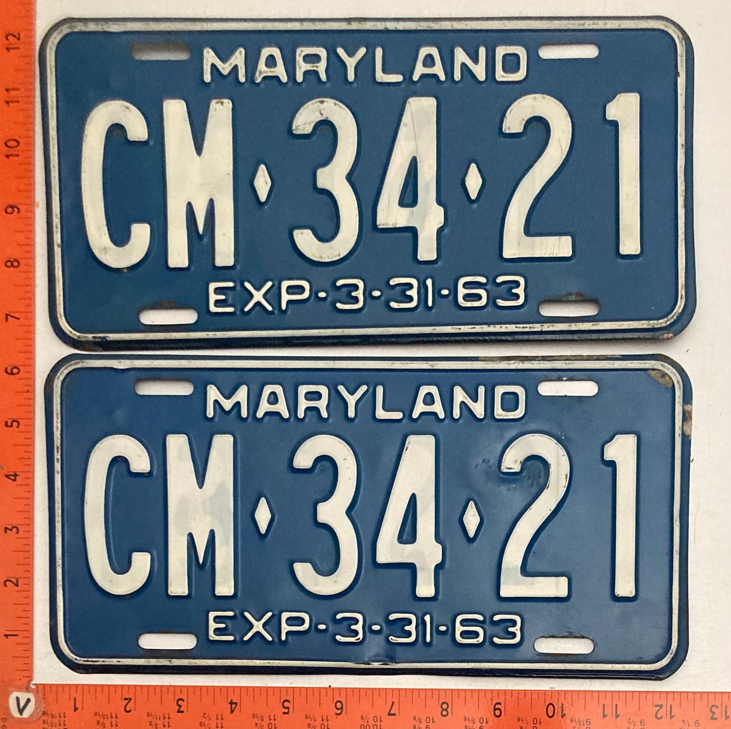 1963 Maryland #CM-34-21 Passenger License Plate PAIR