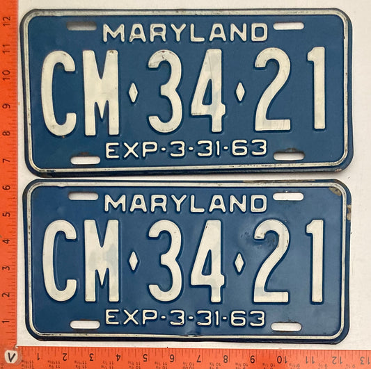 1963 Maryland #CM-34-21 Passenger License Plate PAIR