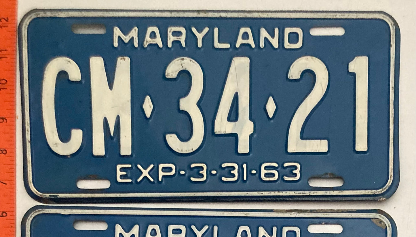 1963 Maryland #CM-34-21 Passenger License Plate PAIR