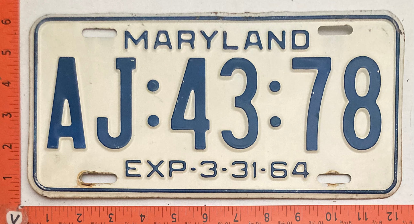 1964 Maryland #AJ:43:78 Passenger License Plate
