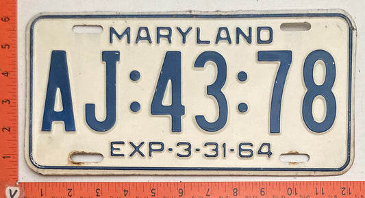 1964 Maryland #AJ:43:78 Passenger License Plate
