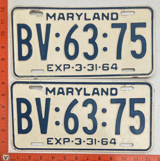 1964 Maryland #BV:63:75 Passenger License Plate PAIR