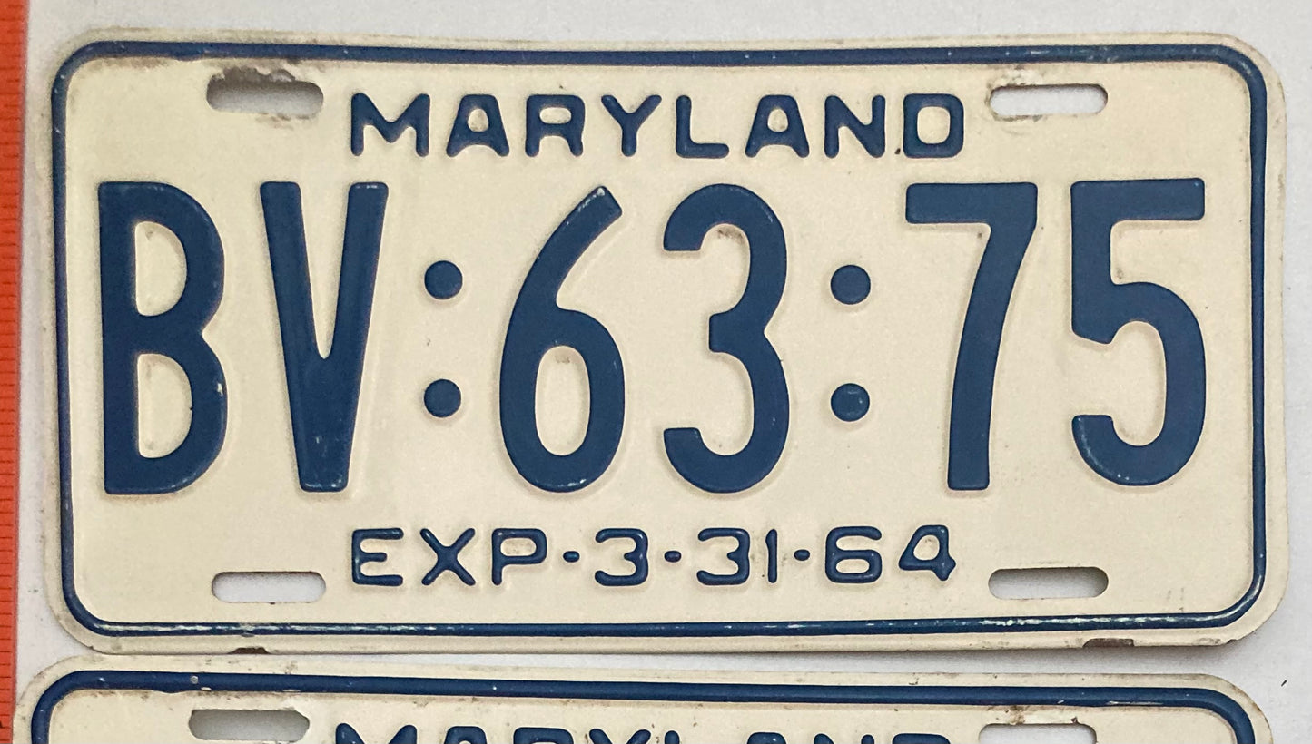 1964 Maryland #BV:63:75 Passenger License Plate PAIR