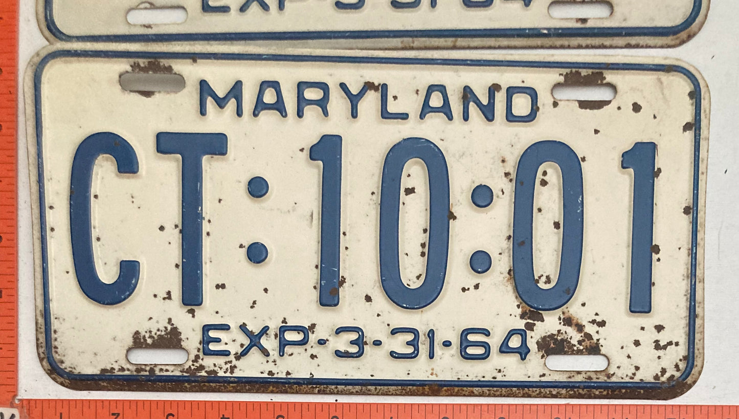1964 Maryland #CT:10:01 Passenger License Plate PAIR (