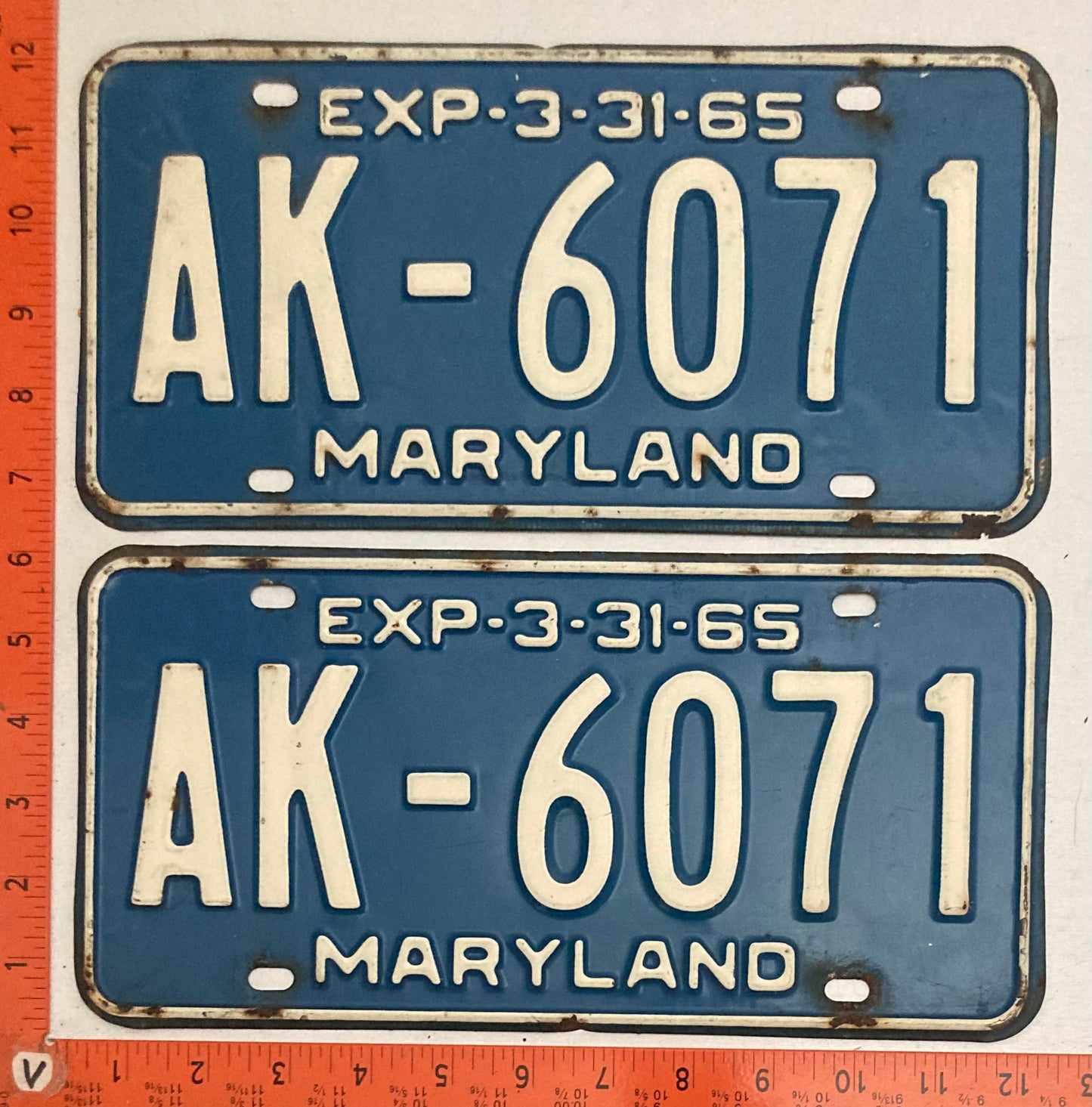 1965 Maryland #AK-6071 Passenger License Plate PAIR