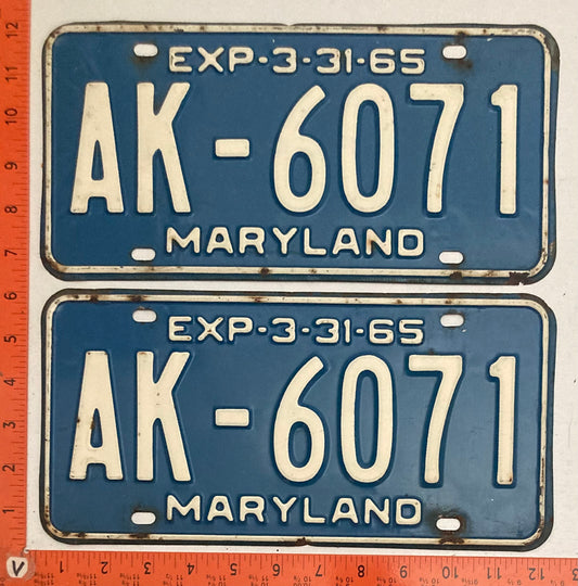 1965 Maryland #AK-6071 Passenger License Plate PAIR