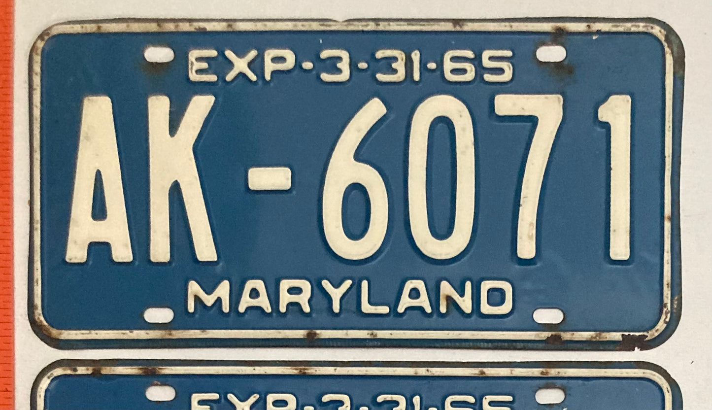 1965 Maryland #AK-6071 Passenger License Plate PAIR