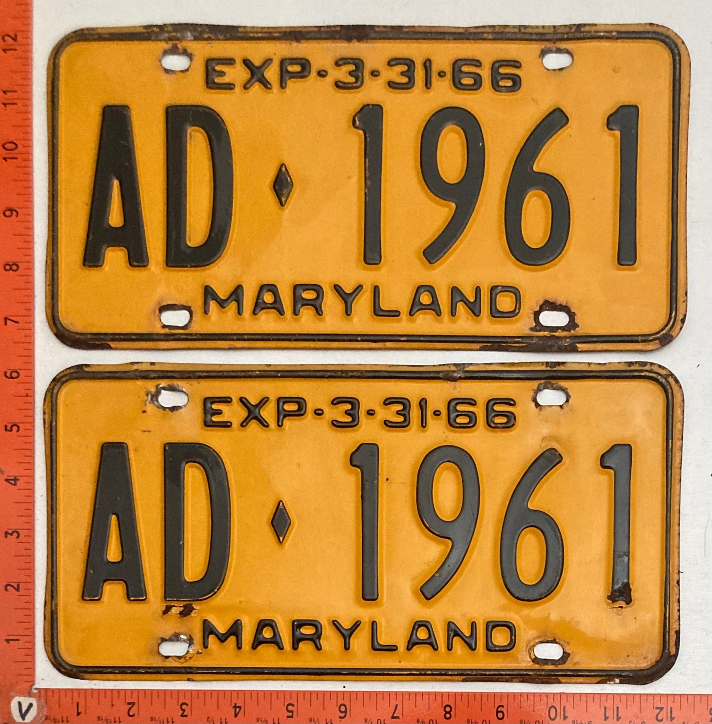 1966 Maryland #AD-1961 Passenger License Plate PAIR