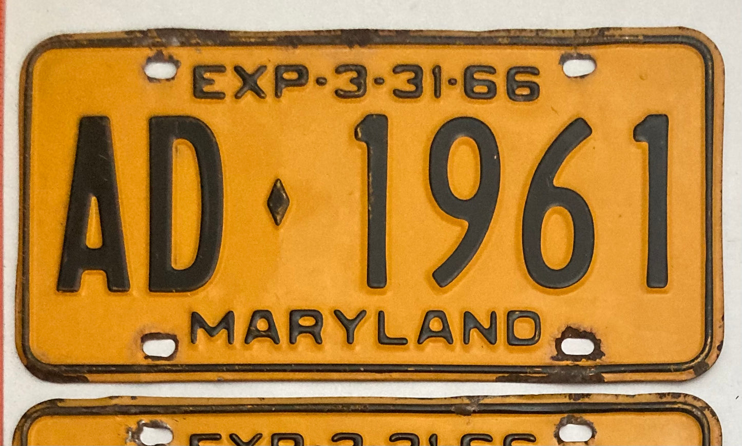 1966 Maryland #AD-1961 Passenger License Plate PAIR
