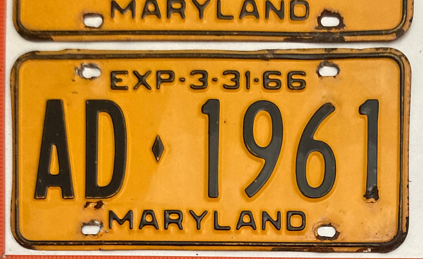1966 Maryland #AD-1961 Passenger License Plate PAIR
