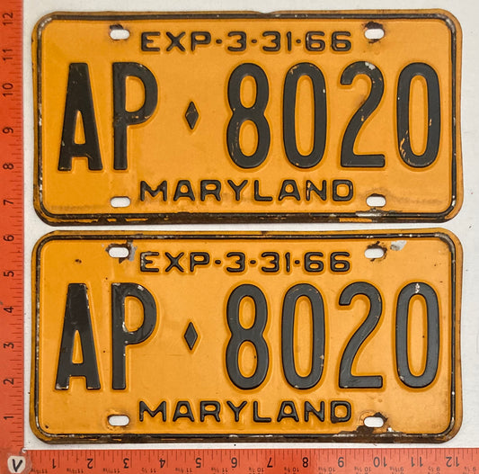 1966 Maryland #AP-8020 Passenger License Plate PAIR