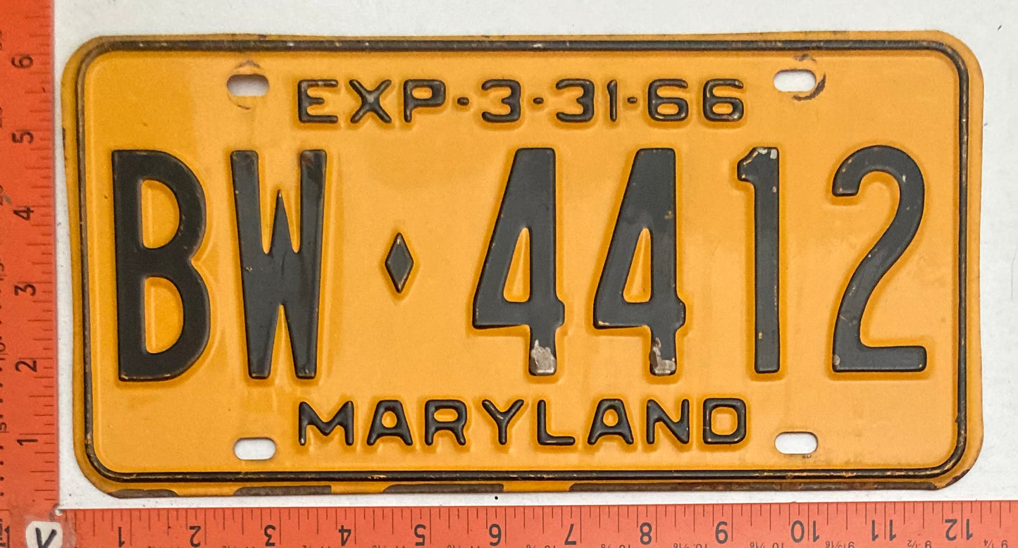 1966 Maryland #BW-4412 Passenger License Plate
