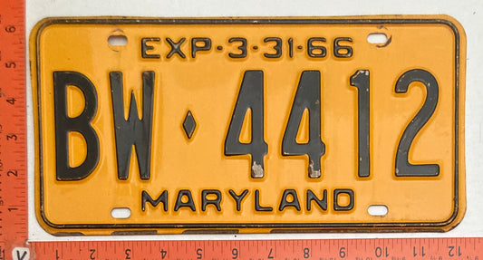 1966 Maryland #BW-4412 Passenger License Plate