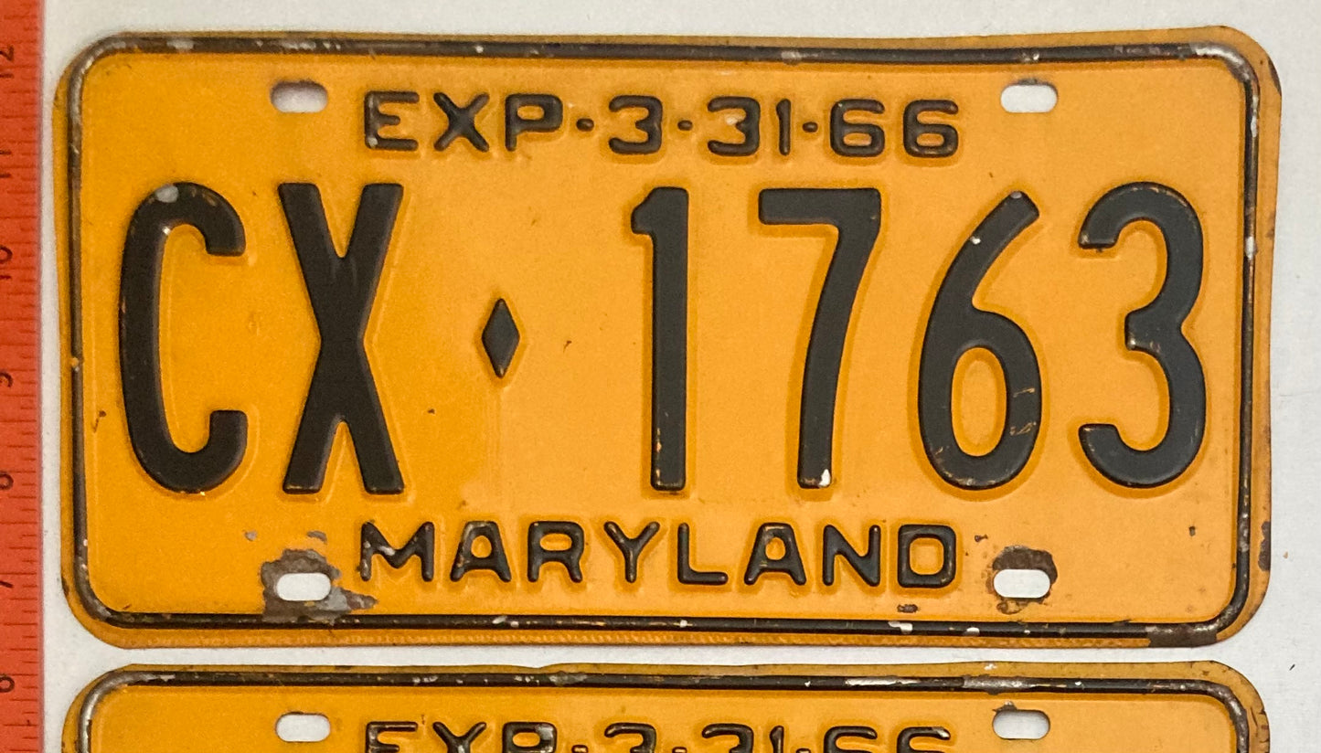 1966 Maryland #CX-1763 Passenger License Plate PAIR