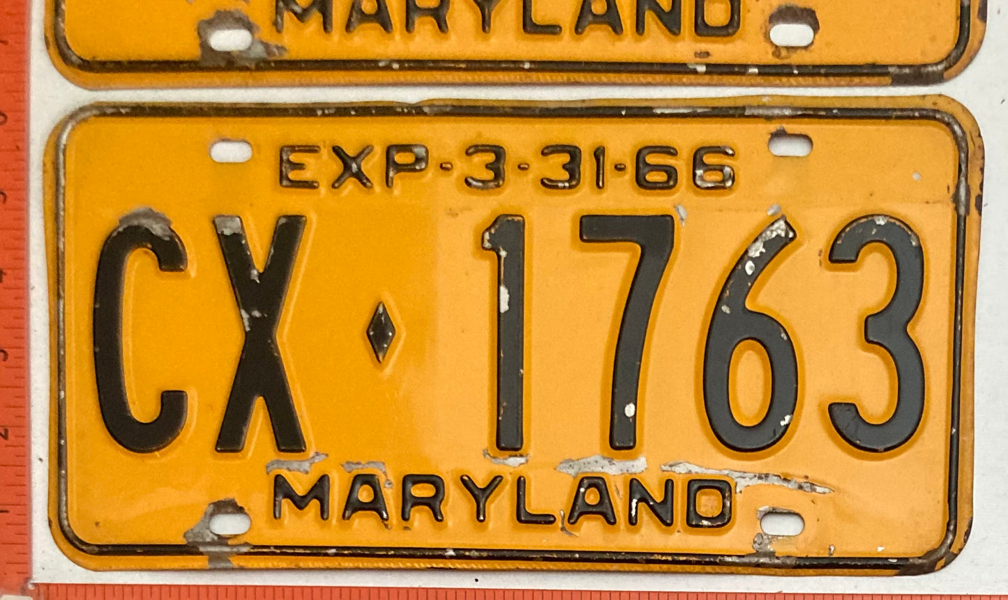 1966 Maryland #CX-1763 Passenger License Plate PAIR
