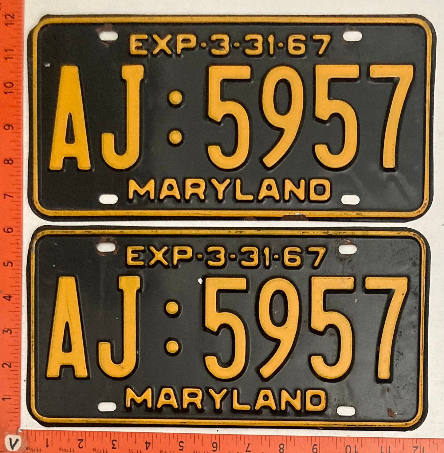 1967 Maryland #AJ:5957 Passenger License Plate PAIR