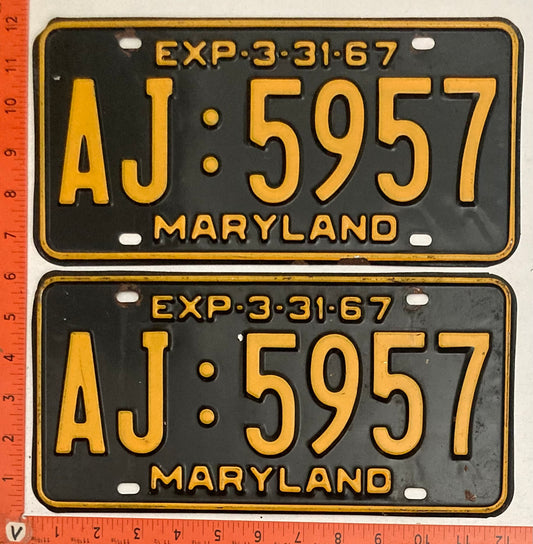 1967 Maryland #AJ:5957 Passenger License Plate PAIR