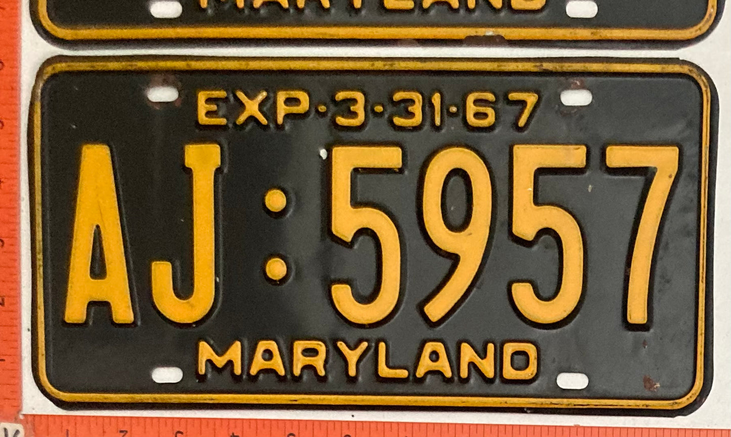 1967 Maryland #AJ:5957 Passenger License Plate PAIR