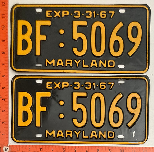 1967 Maryland #BF:5069 Passenger License Plate PAIR