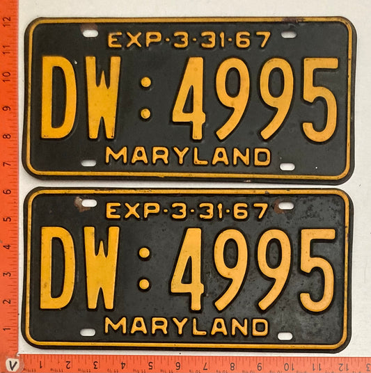 1967 Maryland #DW:4995 Passenger License Plate PAIR