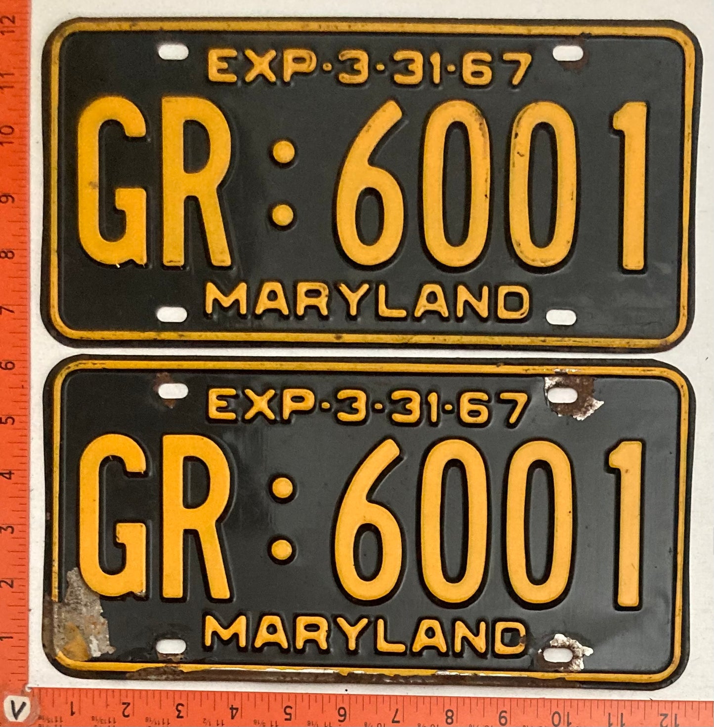 1967 Maryland #GR:6001 Passenger License Plate PAIR