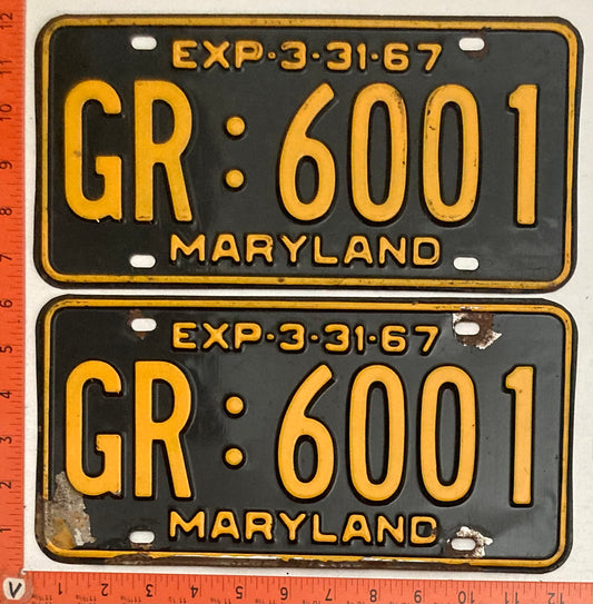 1967 Maryland #GR:6001 Passenger License Plate PAIR