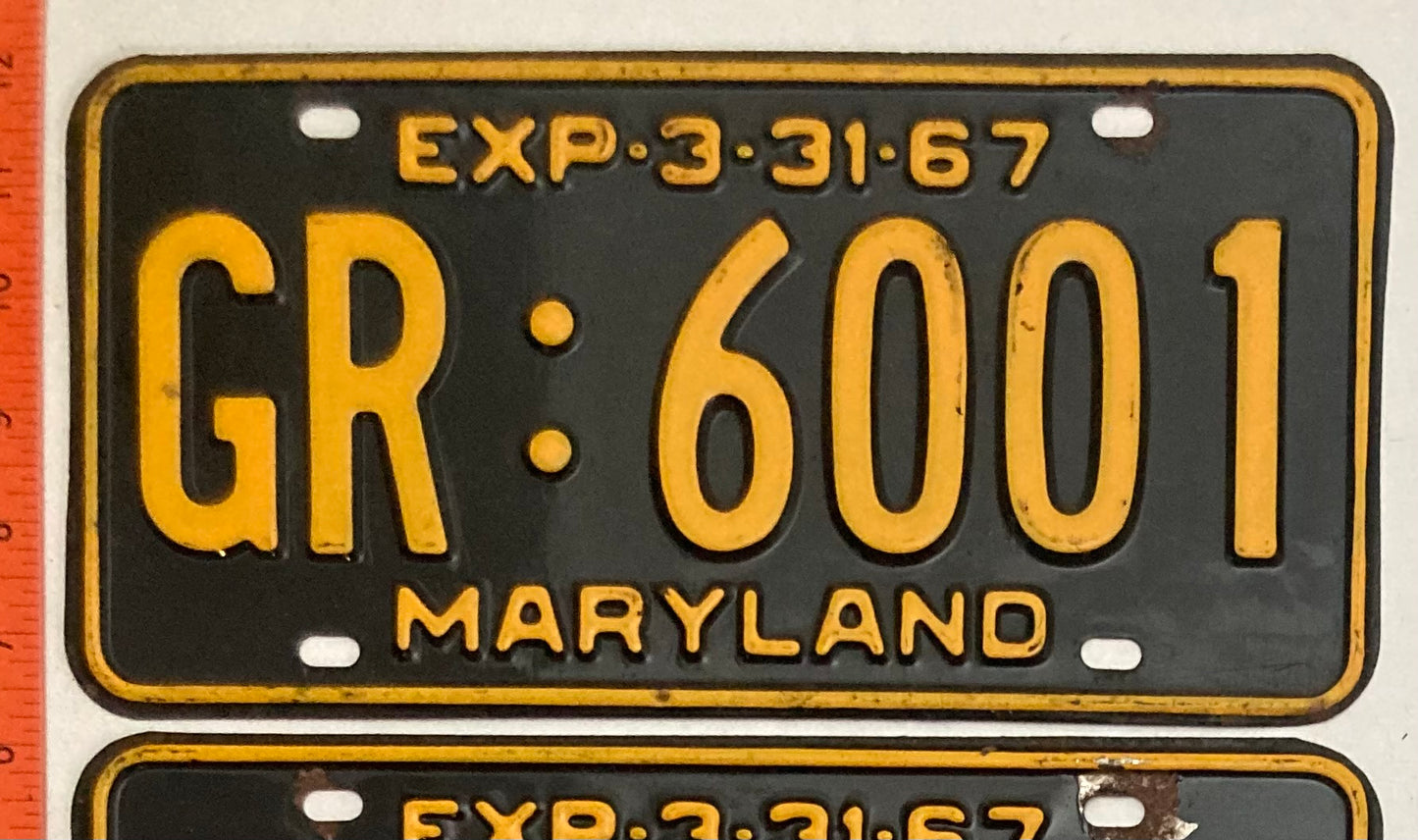 1967 Maryland #GR:6001 Passenger License Plate PAIR
