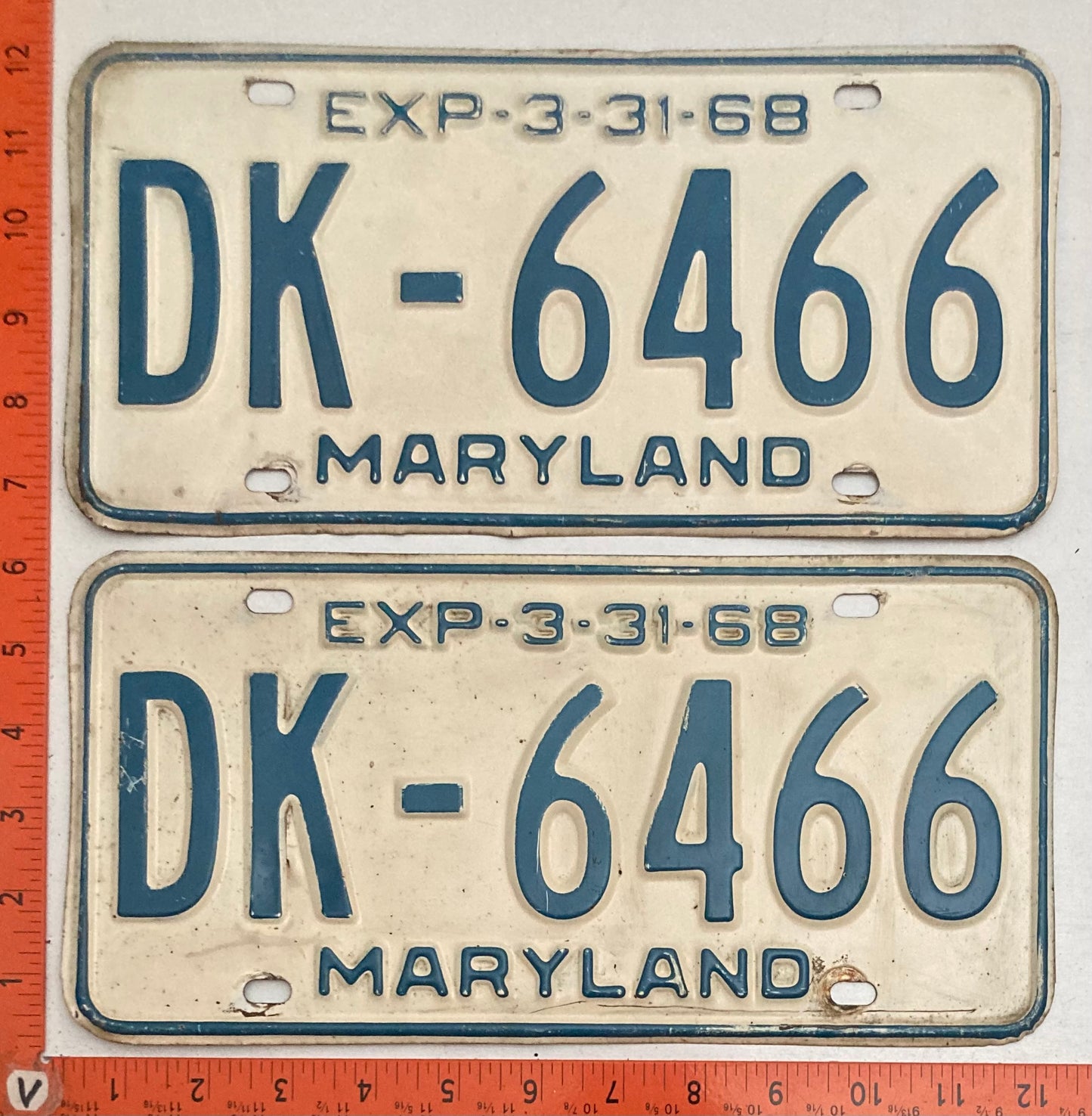 1968 Maryland #DK-6466 Passenger License Plate PAIR