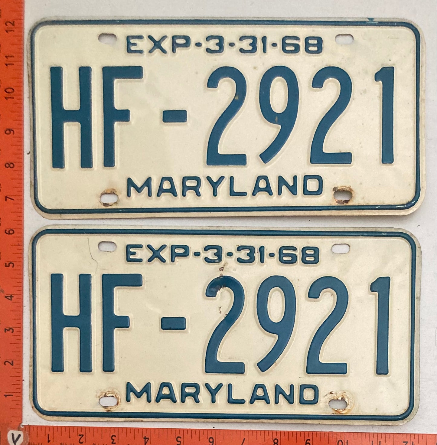 1968 Maryland #HF-2921 Passenger License Plate PAIR