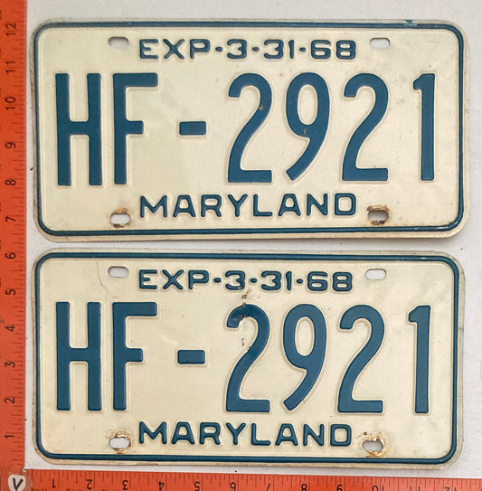 1968 Maryland #HF-2921 Passenger License Plate PAIR