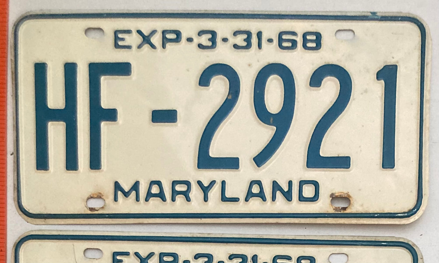 1968 Maryland #HF-2921 Passenger License Plate PAIR